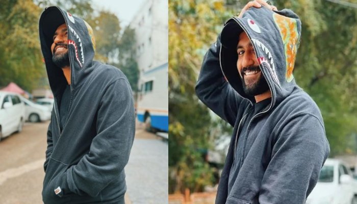 The Raazi entertainer, who sent web into an emergency with his charming grin, was seen wearing a dark shirt, combined with denim and a grayish-dark coat with a peculiar print on the hoodie.