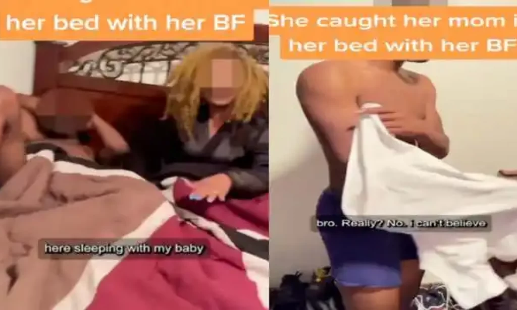 At her apartment, her daughter discovers her mother in bed with her baby daddy.