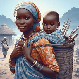 african rural mother with a child on back with ,any household works