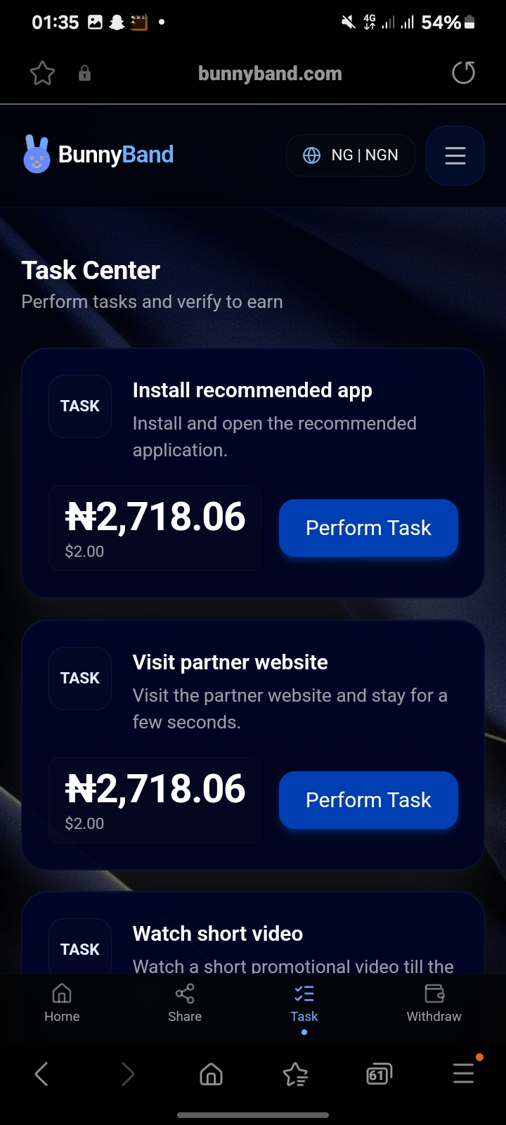 Screenshot of http://BunnyBand.com Task Center showing unrealistic payouts of ₦2,718.06 for simple tasks like installing apps, visiting websites, and watching videos - a common red flag for online scams in Nigeria.