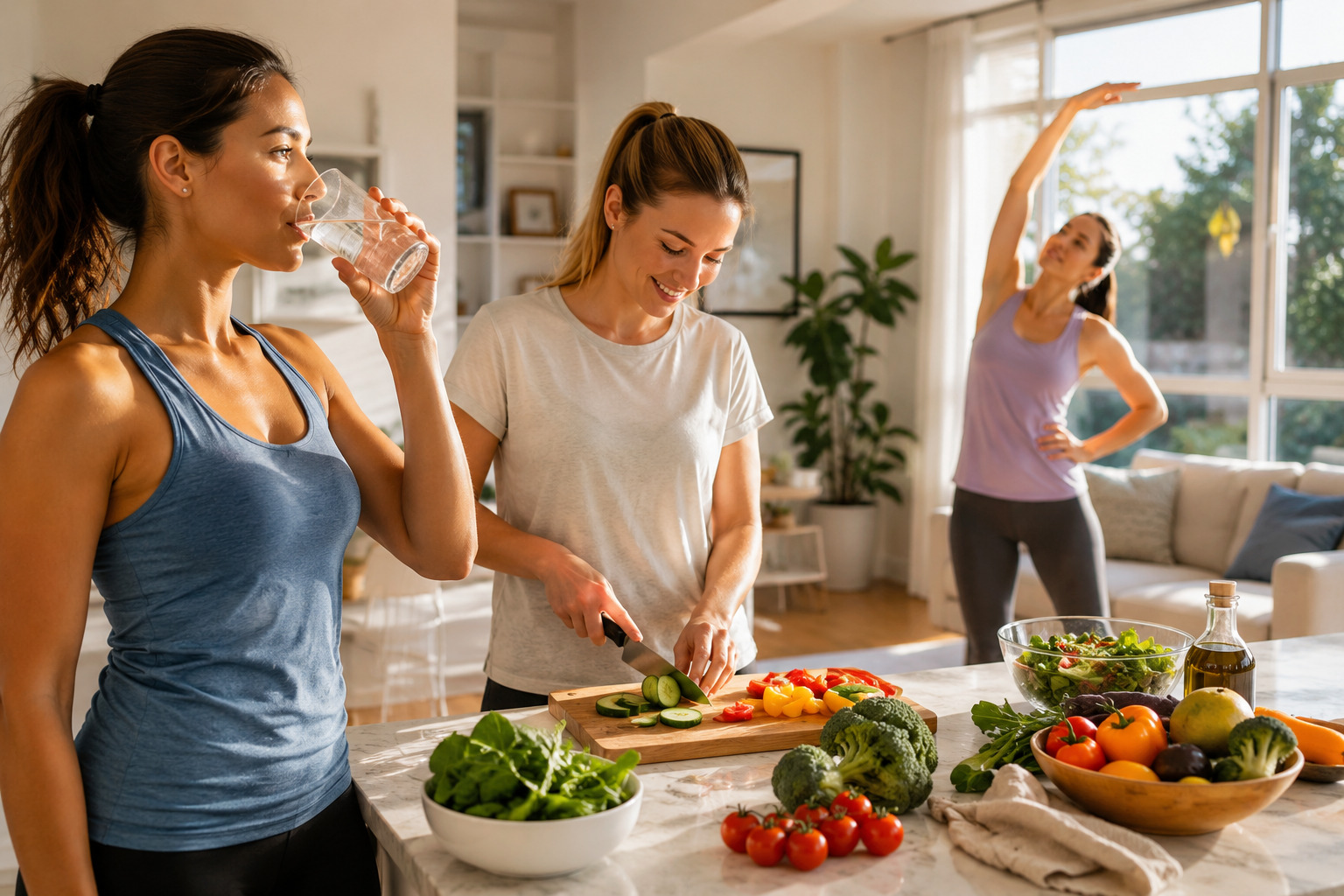Three adult American women practicing healthy daily habits at home, including drinking water, preparing a balanced meal, and stretching in natural morning light.