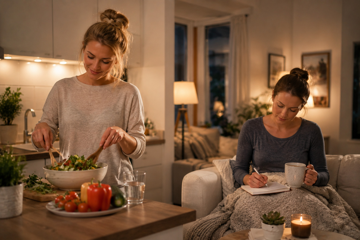 Two adult American women preparing a healthy evening routine with a balanced meal, journaling, and a warm drink in a comfortable home.