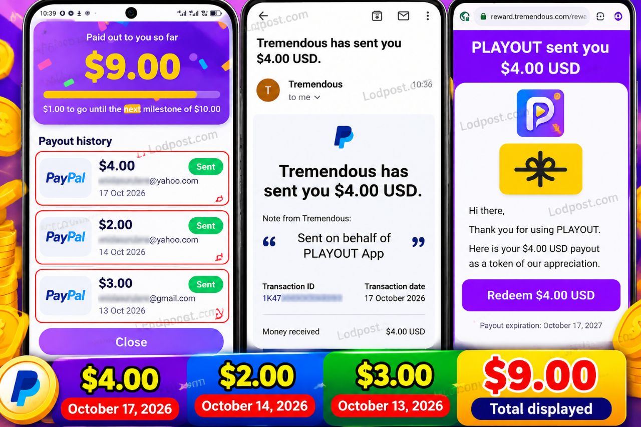 Playout payout history showing $4, $2 and $3 reward entries and a $9 total