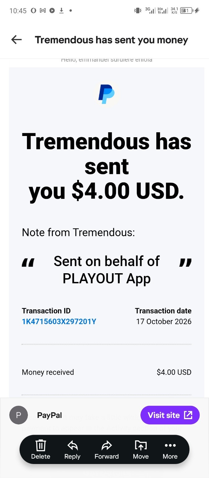 Tremendous reward message showing a $4 reward sent on behalf of Playout