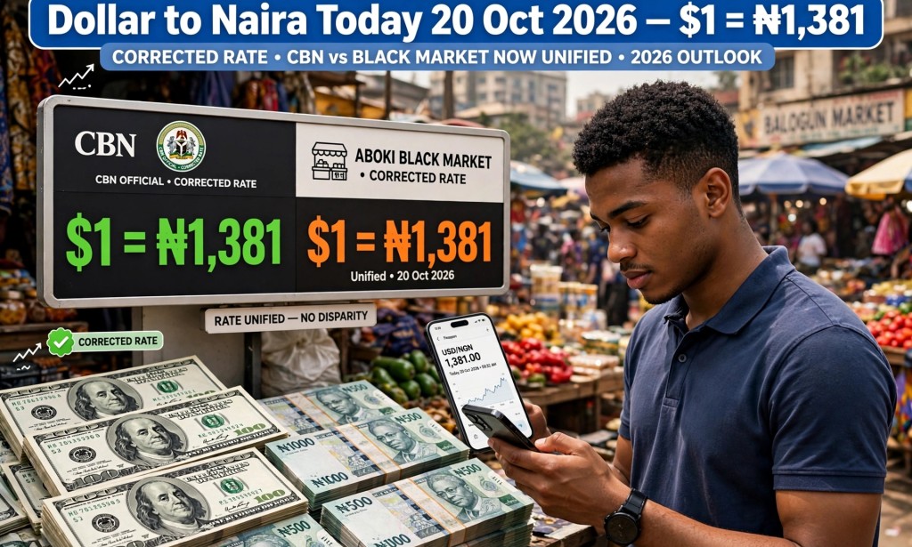 Dollar to Naira Today 20 October 2026: Black Market Sells at ₦1,381 - CBN Official is ₦1,332 (Updated)