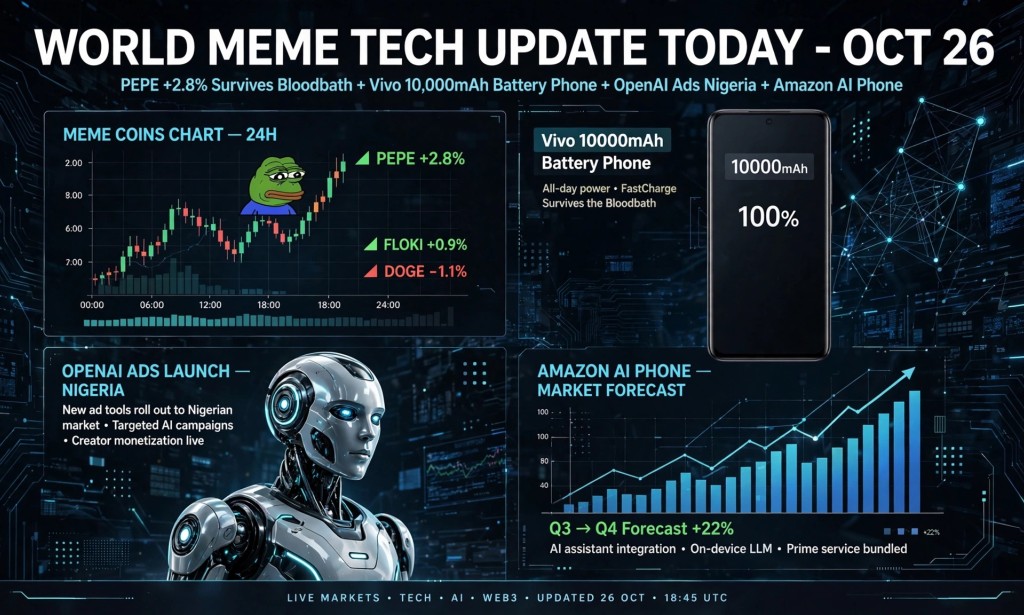 World Meme Tech Update Today Oct 26: PEPE +2.8% Survives Bloodbath, Vivo 10,000mAh Battery Phone, OpenAI Ads Launch Nigeria, Amazon AI Phone