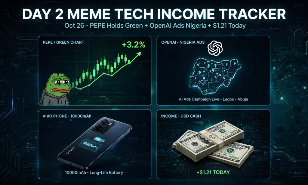Day 2 Meme Tech Income Tracker Oct 26: PEPE Holds Green + OpenAI Ads Nigeria + $1.21 Today